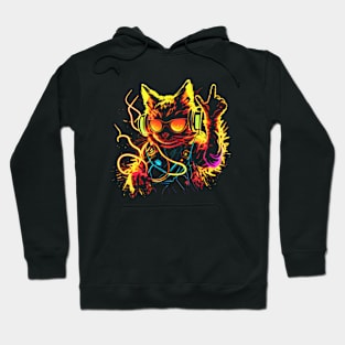 Cat DJ Decks 80's 90's Retro Neon Clubbers Rave Party Hoodie